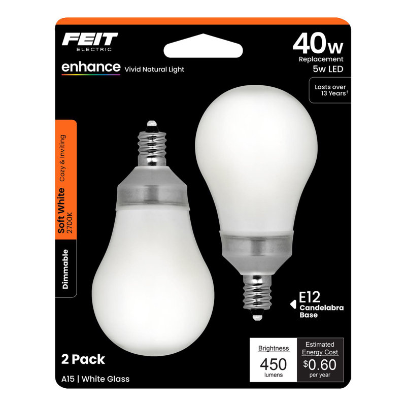 Ampoule DEL à culot neutre Feit A15 E12 (candélabre) blanc doux de 40 watts, paquet de 2, 5 W