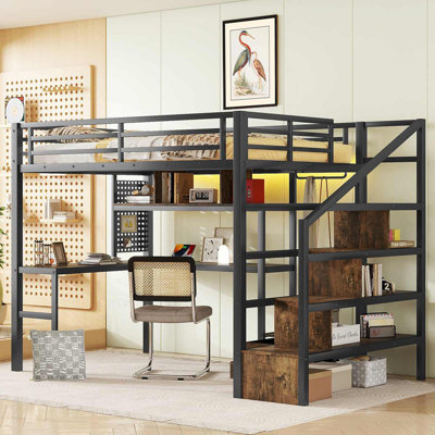 Lit mezzanine double avec lumière DEL et station de charge, lit mezzanine avec bureau et garde-robe pour enfants