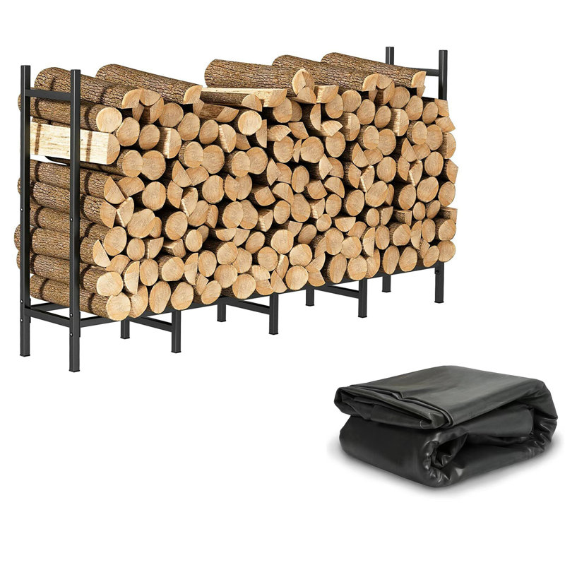 Expandable Black Alloy Steel Firewood Rack With Waterproof Cover - Durable, Rust Resistant, Perfect For Indoor & Outdoor Use