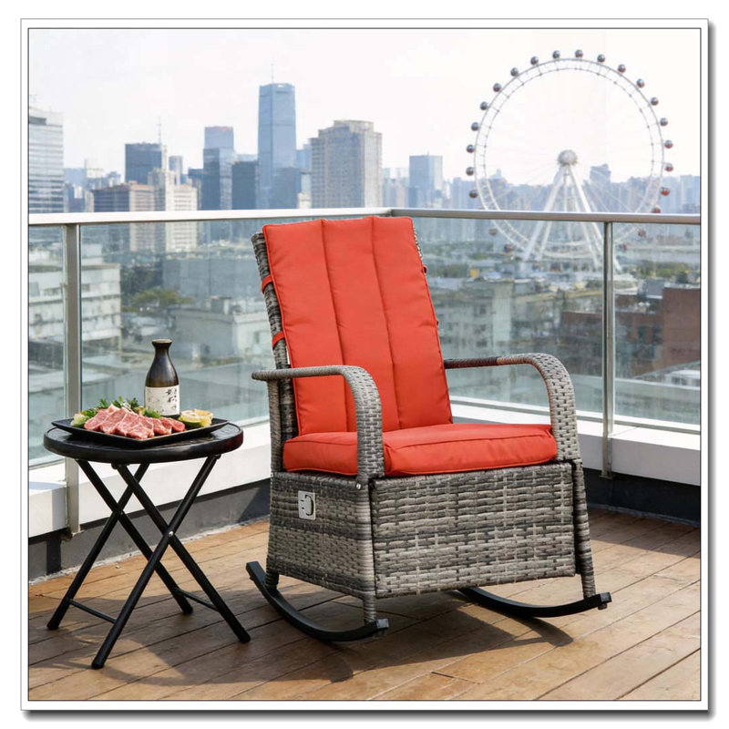 Chaise berçante réglable en rotin inclinable avec coussins moelleux, Rouge, Gris