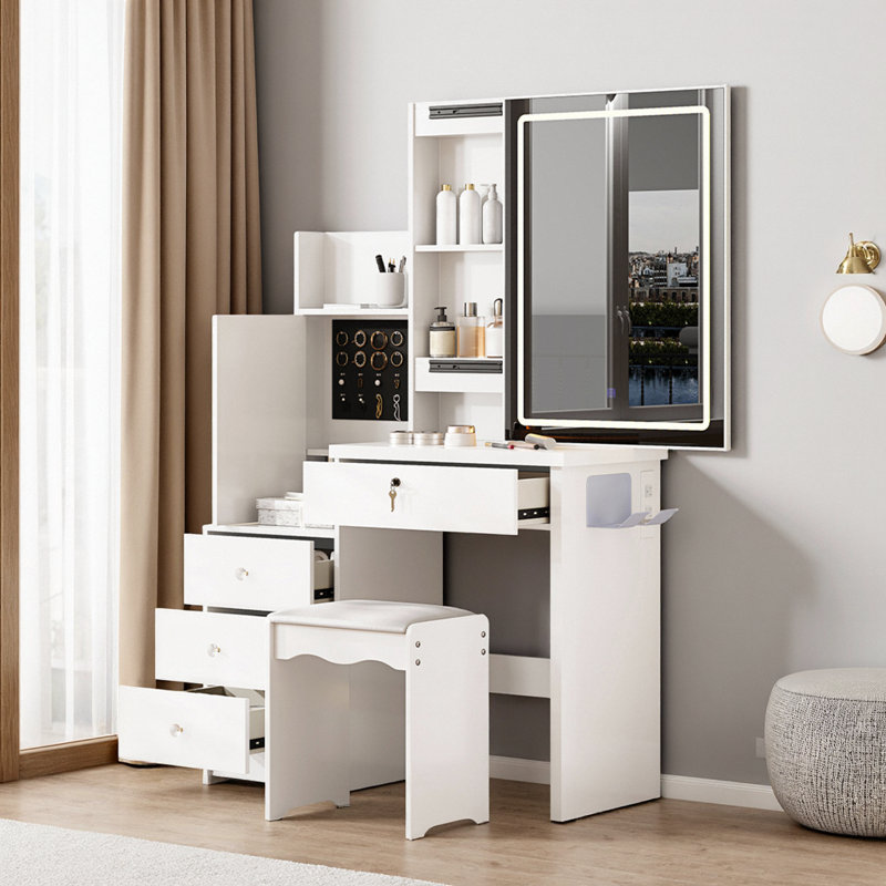 31" Slim Vanity – Sliding LED Mirror Reveals 2 Hidden Cubbies, 9 Total Spaces, 2 AC + USB-C Power Hub, PU-Cushion Stool, Scratch-Proof White Finish