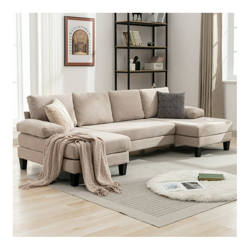 Rachual Upholstered U-Shaped Sectional Symmetrical, Beige Linen