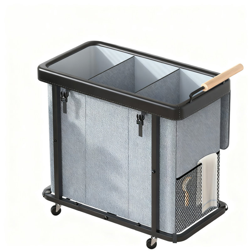 Laundry Hamper 3 Section With Lid, Leather Patchwork Laundry Sorter With Rolling Lockable Wheels And Handle, Laundry Basket Organizer For Laundry Room, Bedroom And Bathroom, 60 Gal (Gray)