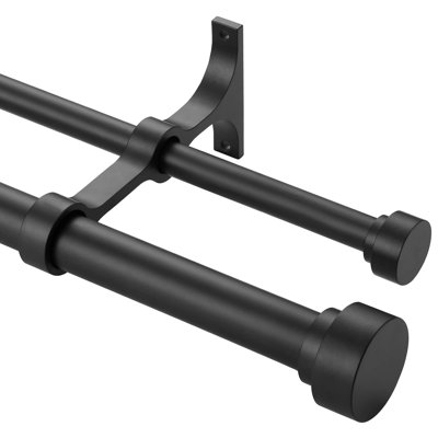 Heavy Duty Double Curtain Rods With Cylindrical Cap Finials - 72 To 144' Telescoping Rods, 1 Inch Diameter Front, 5/8 Inch Diameter Back - Matte Black