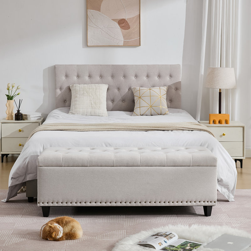 Espana 51'' Upholstered Tufted Storage Ottoman, Beige Linen Blend