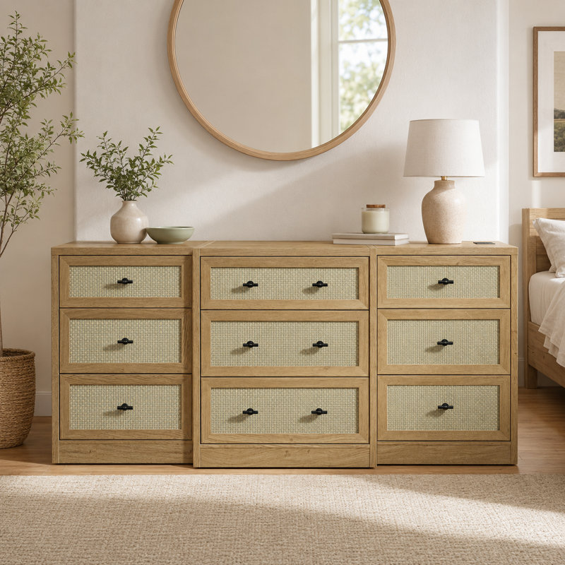 Commode double à 9 tiroirs avec prise de courant en chêne, Chêne