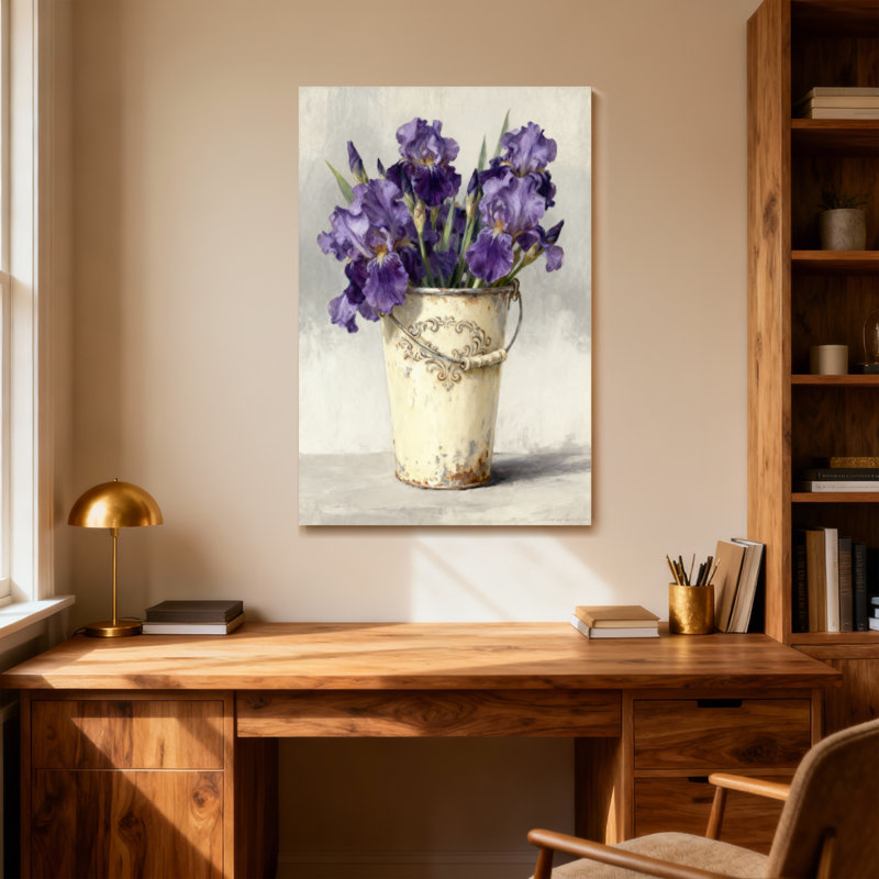 Plantes et fleurs, iris mauves dans un vase seau rustique, H 48 po x l 32 po