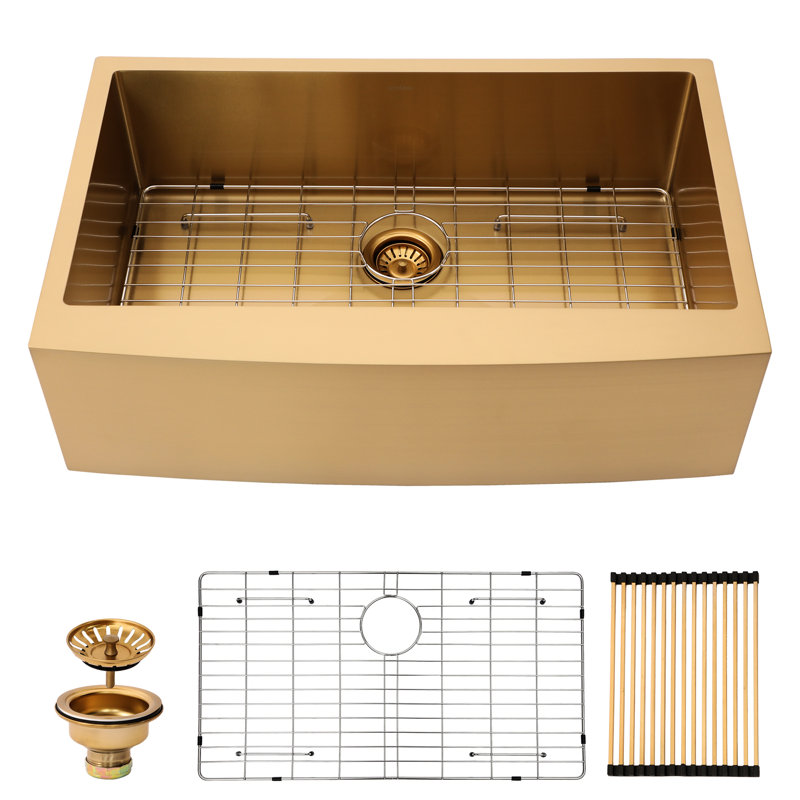 30" Kitchen Sink Gold, Stainless Steel 16G, Rounded Corners, Easy Maintenance, Included Dish Grid Gold Apron 30", 16G Steel, To Peeling, Package