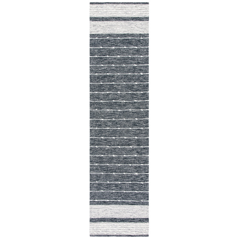Henneman Hand Woven Cotton/Wool Striped Rug in Black/White, Runner 2'3" x 11'