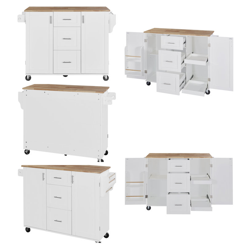 Rolling Kitchen Island with Storage, Rubber Wood Top, 3 Drawers, Slide-Out Shelves, and Internal Racks for Organized Cooking Spaces.