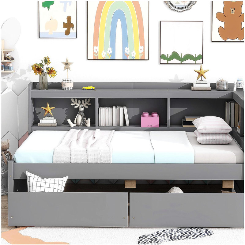 L-shaped Bunk Bed with Power Outlets, USB Charging Ports, and Two Drawers, Gray, Twin
