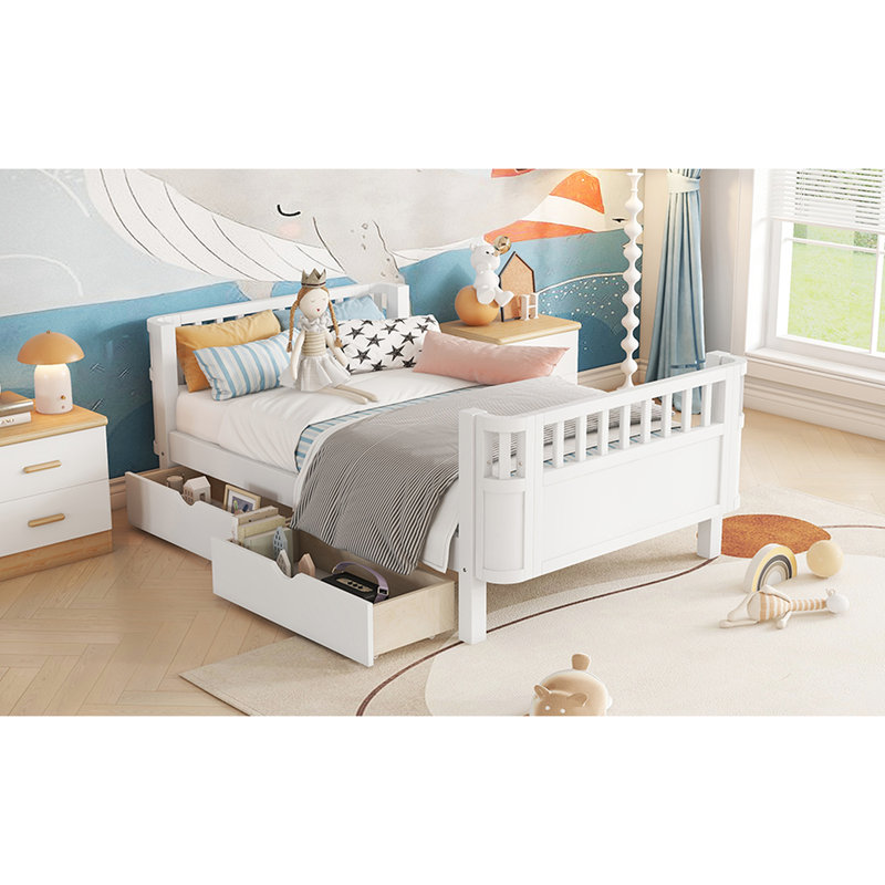 Lit simple blanc pour et, avec beaucoup de rangement, tête de lit à profil bas, une belle plateforme de sommeil, design, avec clôture à tiroirs de rangement, différents styles de pièces