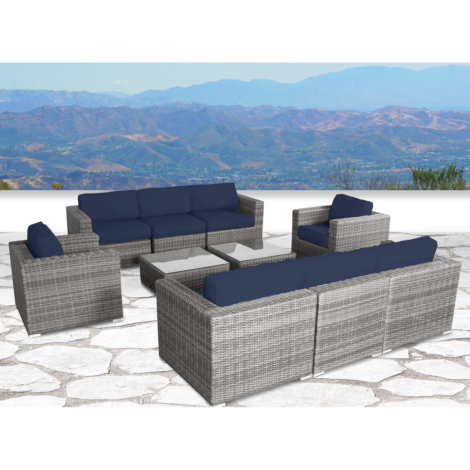 Franke 8-Person Patio Seating Group, Canvas Navy Sunbrella® Canvas, Mixed Gray