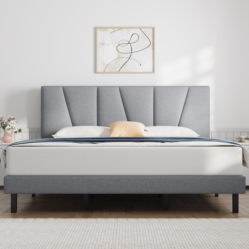 Très grande plateforme tapissier avec tête de lit et lattes de bois robustes, gris