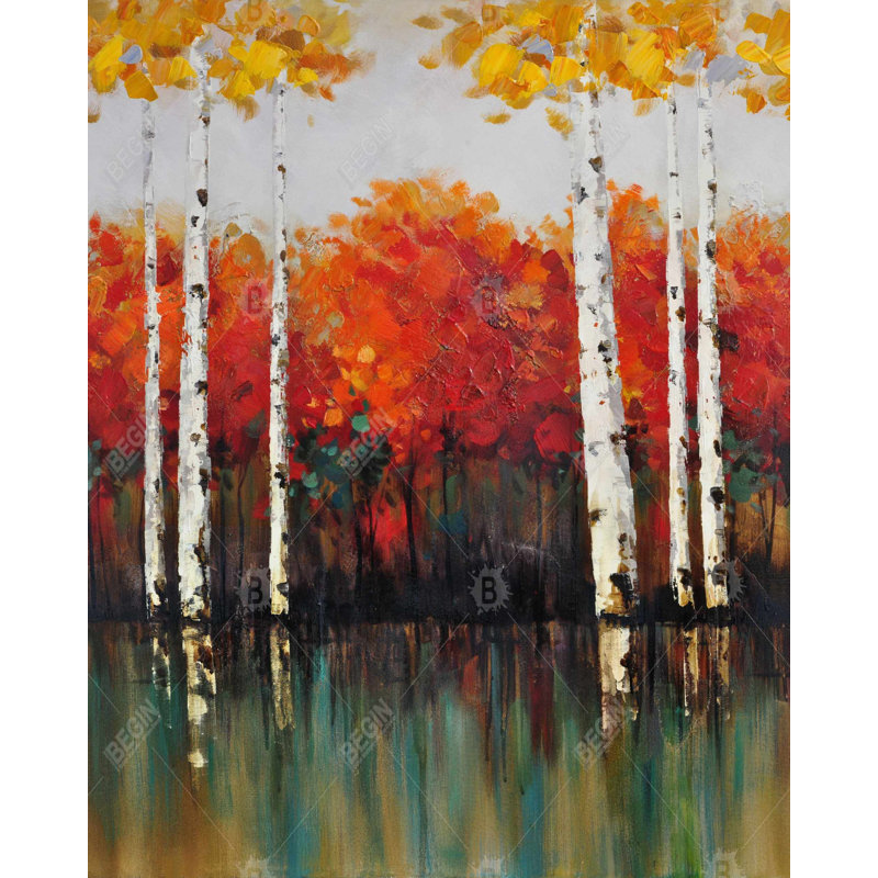 Birches by Fall - Contemporary Bedroom Framed Canvas Decor