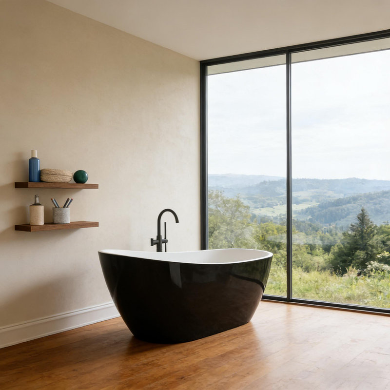 Freestanding Acrylic Soaking Tub with Pop-Up Drain & Overflow - Stand Alone Tub for Bathroom, Black