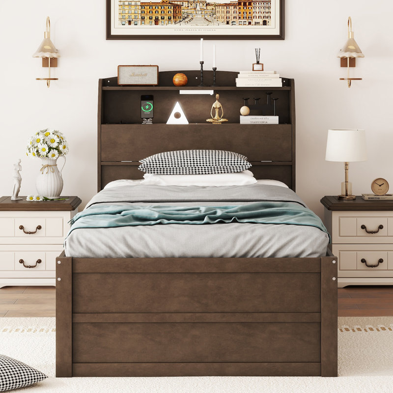 Costanzo 3 Drawers Standard Bed with Bookcase Lighted Headboard and Trundle, Full, Gray