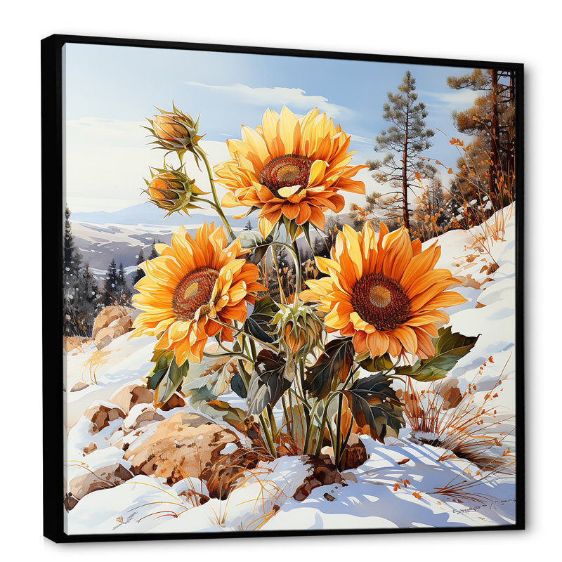 Charme de tournesols en hiver - impression, H 30 po x l 30 po x P 1 po, Cadre flottant noir