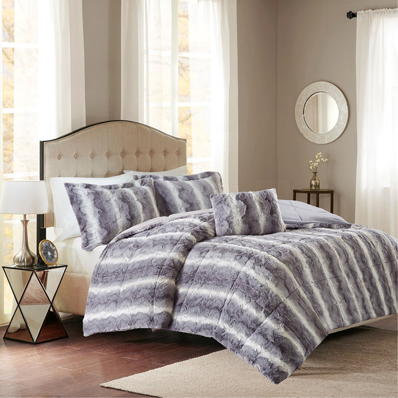 Full/Queen 4PC Faux Fur Comforter Set, Gray Striped, Full Comforter + 3 Additional Pieces 