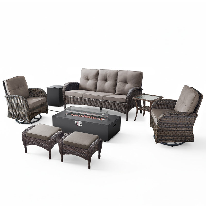 Bruner 7-Piece Swivel Wicker Rattan Patio Fire Pit Conversation Set With Hidden Tank Holder And Ottomans
