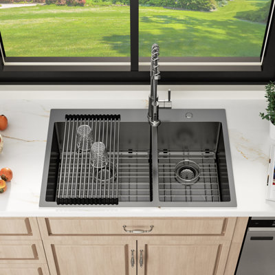 33" L Gunmetal Black Drop In Kitchen Sink 16 Gauge 60/40 Double Bowl Stainless Steel Sink with Sink Grids