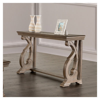 Traditional Solid Wood Sofa Table with Scroll Legs in Weathered Oak