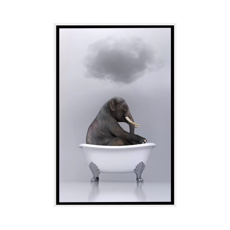 «Elephant Relaxing in the Bath 2» par Mike Kyiv - reproduction d'art, Toile blanche encadrée, Pas de tapis