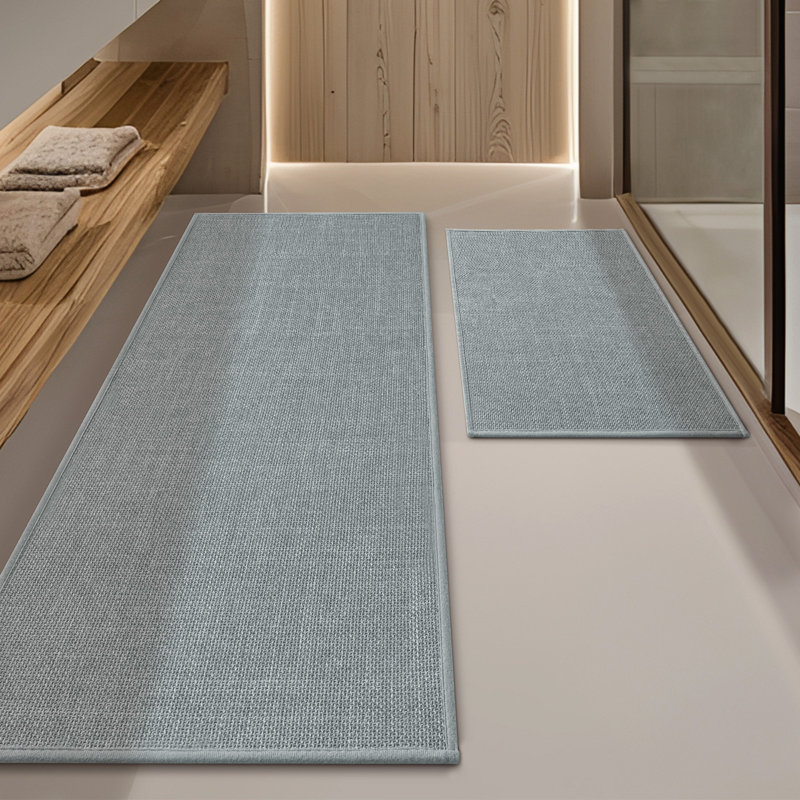 2 Piece Linen-Look Bath Rug Set with Non-Slip Backing, Light Gray