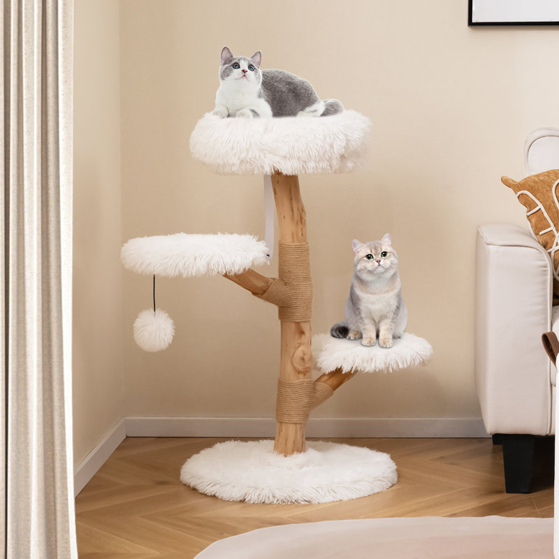 Cat Tree with Perch, Natural Jute Scratching Posts, Dangling Ball, Soft Long Plush Natural & White