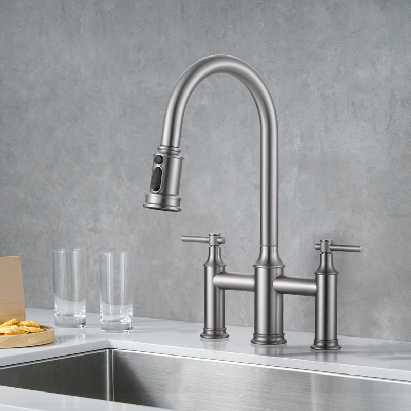 3 Holes 8 Inch Centerset Bridge Kitchen Faucet With Pull Down Sprayer, Brushed Nickel