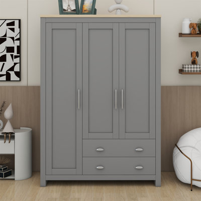 Three Door Storage Wardrobe With Cabinets And Two Hanging Rods