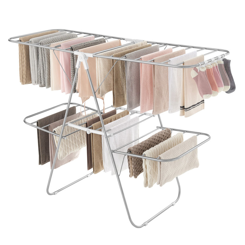 Clothes Drying Rack, Foldable 2-Level Laundry Drying Rack, Free-Standing Laundry Airer, With Height-Adjustable Wings, 33 Rails, Sock Clips