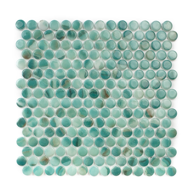 Carreau de mosaïque rond en verre 12 po x 12 po Eterna Penny, Turquoise