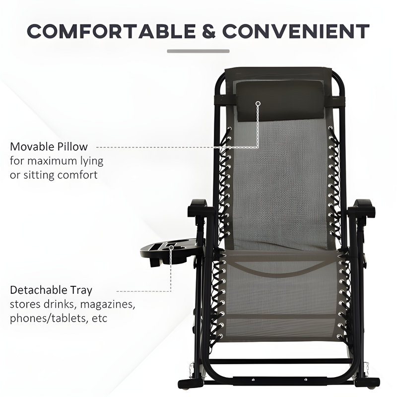 Gray Zero Gravity Reclining Lounge Chair, Foldable Outdoor Rocker with Cup Tray & Pillow Headrest, 47.25"L, Gray