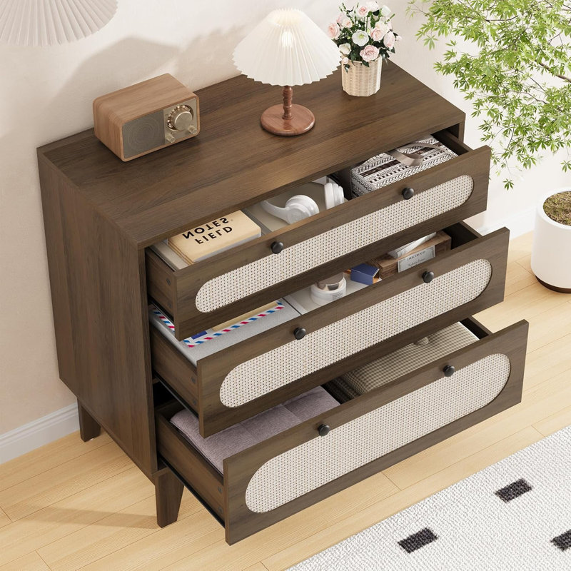 Modern Rattan Nightstand, Narrow Farmhouse Accent Cabinet, Brown, Brown/Beige
