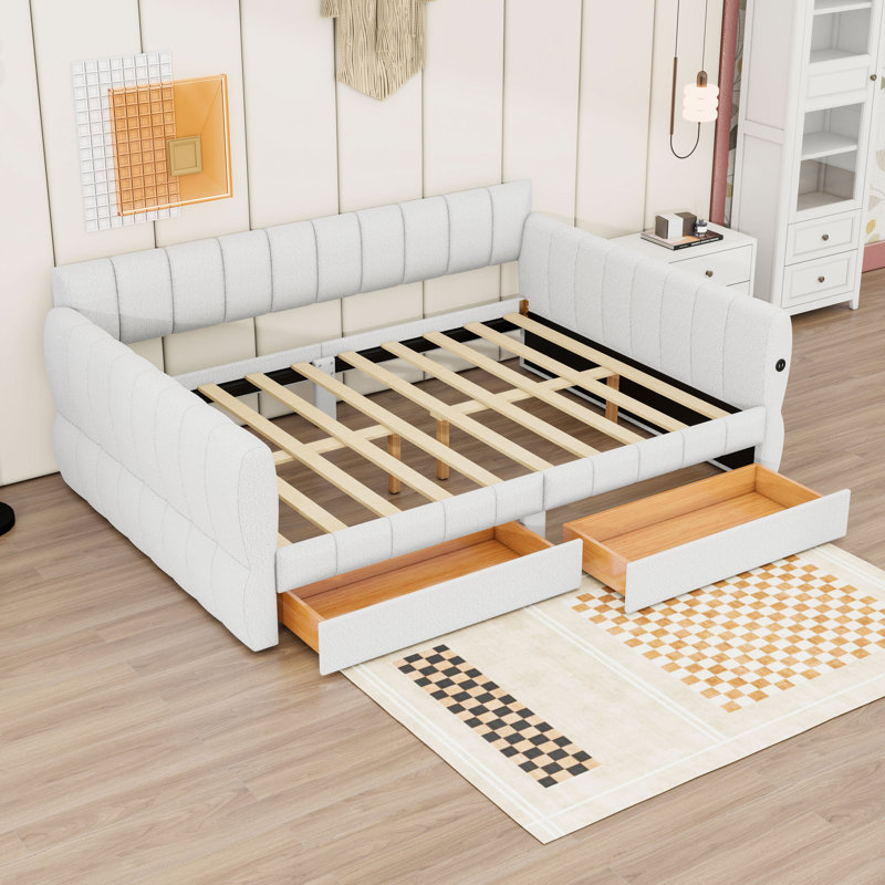 Queen Size Upholstered Daybed with Built-In USB Ports and Dual Storage Drawers, White