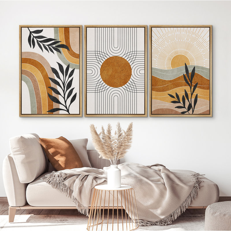 Mid Century Modern Boho Organic Tropical Leaf Abstract  Framed Canvas 3 Pieces Print Wall Art
