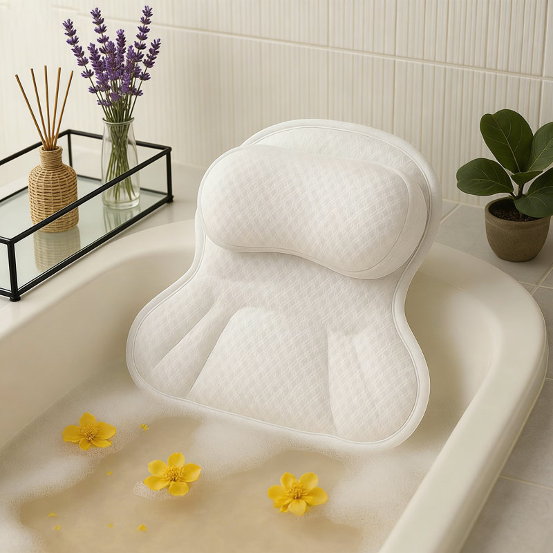 Oreiller de bain de luxe pour baignoire et spa - Coussins en filet 4D avec ventouses antidérapantes - Appui-tête très doux pour le soutien de la tête, du cou et du dos - Lavable à la machine et séchage rapide en blanc