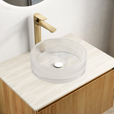 Lavabo de salle de bain 14 pouces, verre cristal rond transparent, rayures artistiques, convient au comptoir, et rafraîchissant, taille de salle de bain 13,79 * 4,57, évier recommandé, sans robinet,