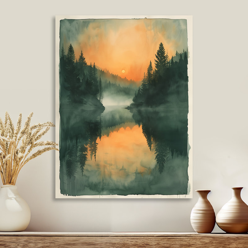 Décoration murale orange, forêt verte, lac au coucher du soleil, Sans cadre, métal, H 32 po x l 16 po
