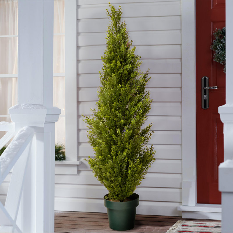 Artificial Arborvitae Topiary Tree, Realistic Fake Tree Potted Plant, Dark Green Round Growers Pot, 48" H x 11" W x 11" D