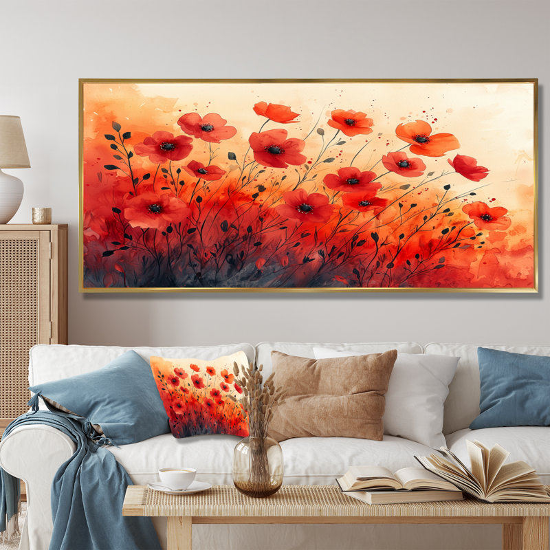 «Autumn Dance Of The Sunset Poppies III» - Art mural coquelicots, 12" H x 20" W, Cadre flottant doré