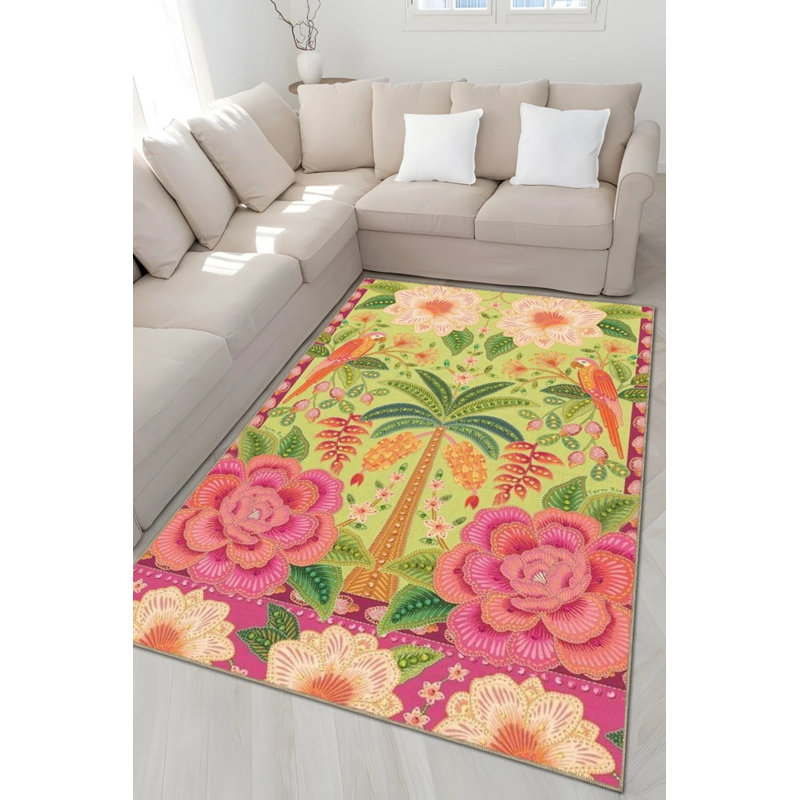 Green Pink Themed Parrot Tree And Rose Patterned Vintage Decorative Carpet, Round 4'