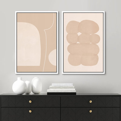 Corail et blanc, Mid-Century, géométrique, symboles géométriques, ensemble de 2 reproductions sur toile flottante