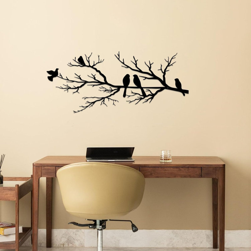 Sculpture murale en métal, oiseaux vifs en métal sur une branche, décoration murale feuilles noires avec oiseau