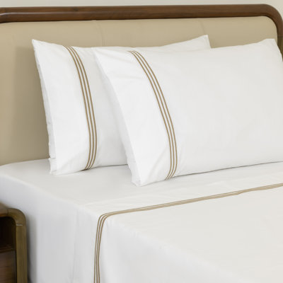Dreamology 100% Cotton Percale Embroidered Sheets Set, Queen Size, Cool, Soft, Breathable & Crisp Bedsheet & Pillowcase with Deep Pocket Up to 16 Inches (Gold)