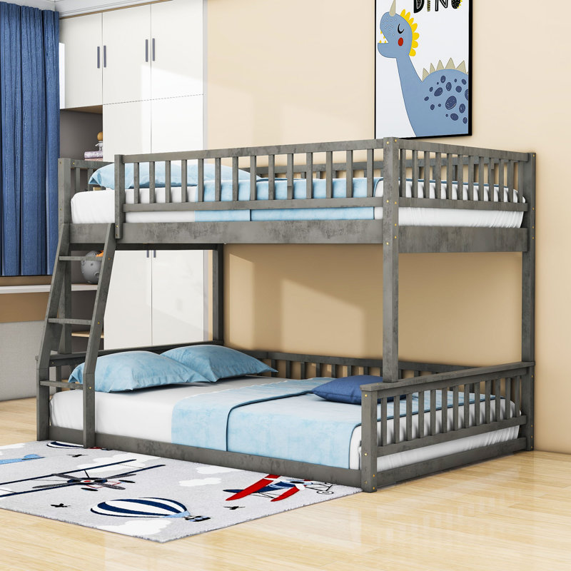 Katienne Bunk Bed With Ladder And Guardrails, Gray, Full XL Over Queen