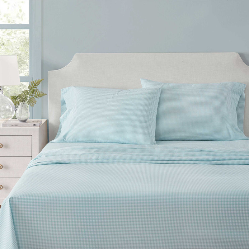 Martha Stewart Small Gingham Cotton Percale Blue Sheet Set, Blue Gingham, Queen Sheet Set with 2 Pillowcases