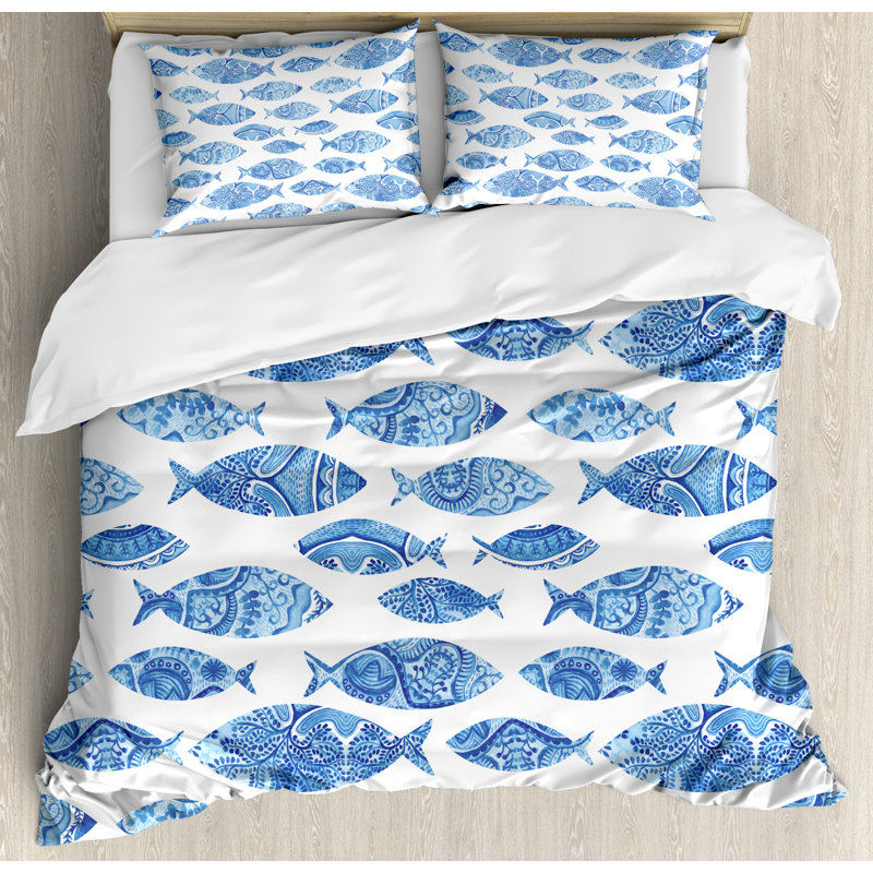 King Size Blue Ocean Fish Pattern Microfiber Duvet Set