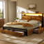 Cadre de lit moderne Livia avec 4 tiroirs et tête de lit ouverte avec rangement, lampe DEL réglable et station de recharge, sommier non requis.-940183712-975702965